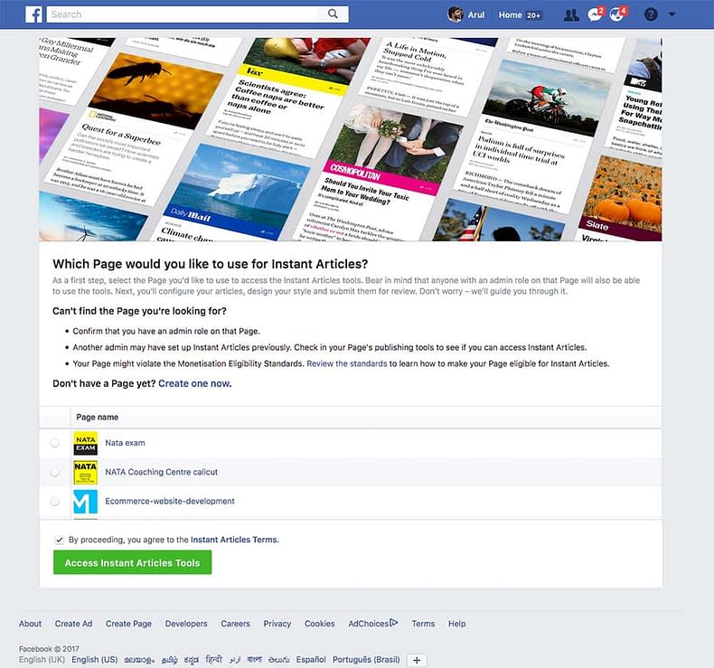 Facebook Instant Articles sign up